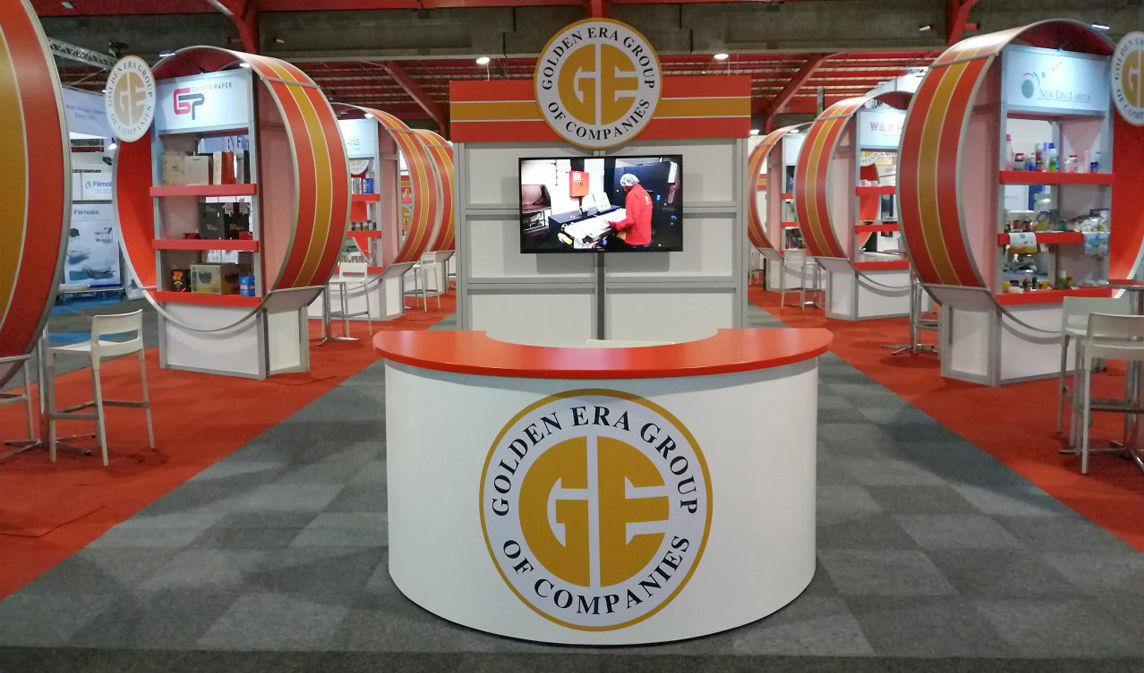 Golden Era Group of Companies: design and build 110sqm exhibition custom booth NASREC. Front view.